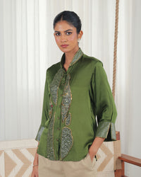 Bhumi Olive Green Satin Shirt | AMBR