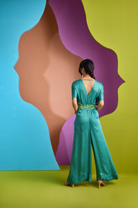 TEAL TIE UP JUMPSUIT IN TESSERA | CUIN