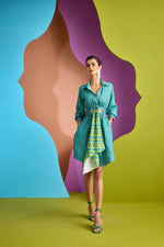 TEAL RUCHED SHIRT DRESS IN TESSERA | CUIN