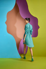 TEAL RUCHED SHIRT DRESS IN TESSERA | CUIN