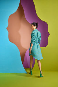 TEAL RUCHED SHIRT DRESS IN TESSERA | CUIN