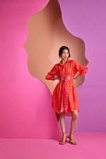 RED RUCHED SHIRT DRESS IN TESSERA | CUIN