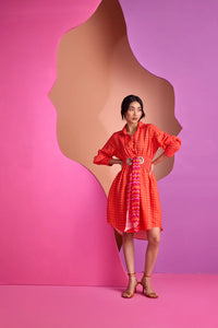 RED RUCHED SHIRT DRESS IN TESSERA | CUIN