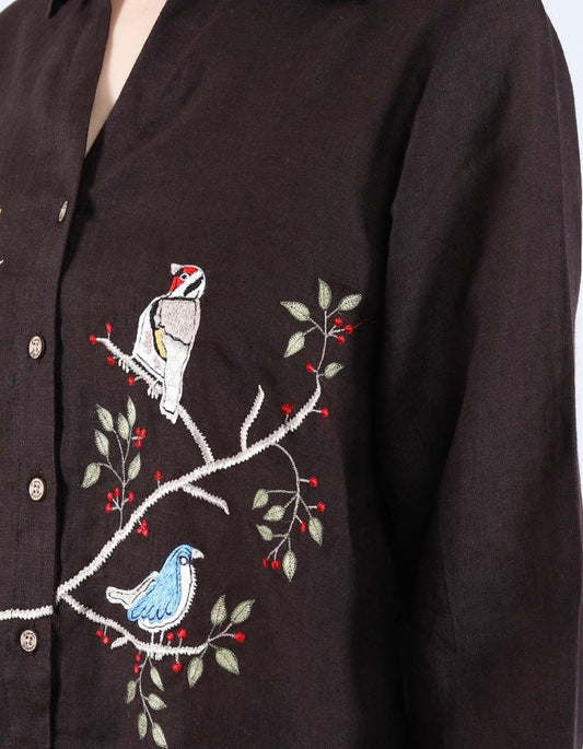 Choco Birds on Branch Black Linen Shirt | Linen Bloom
