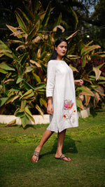 BEIGE DRESS WITH GATHERED NECK | Linen Bloom