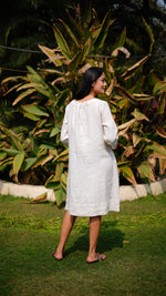 BEIGE DRESS WITH GATHERED NECK | Linen Bloom