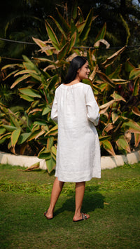 BEIGE DRESS WITH GATHERED NECK | Linen Bloom