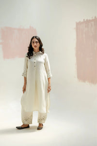 Mia Slim Kurta and Hand embroidered Pants - White | Prahnaaya