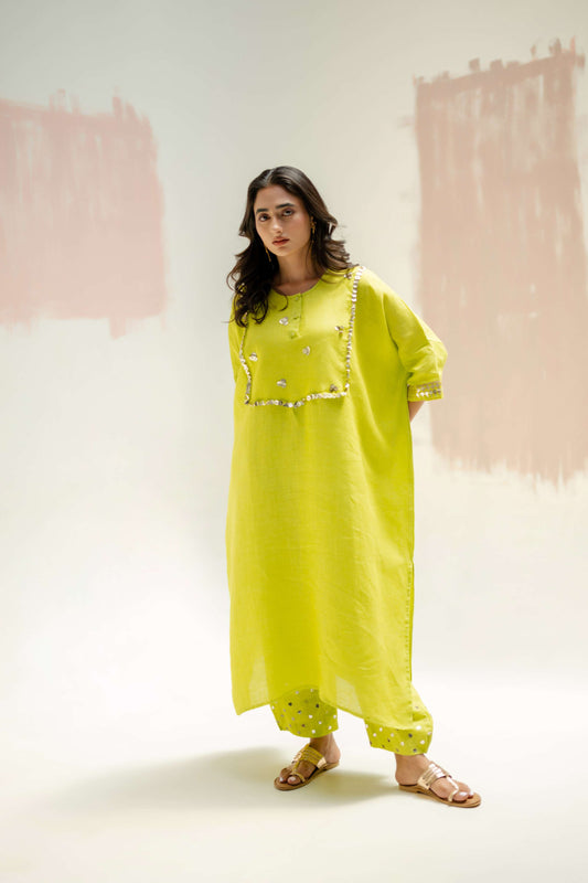 Longline Kaftan Kurta with Stylish Pants - Neon | Prahnaaya