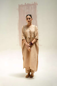 Longline Kaftan Kurta with Pants - Beige | Prahnaaya
