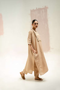 Longline Kaftan Kurta with Pants - Beige | Prahnaaya