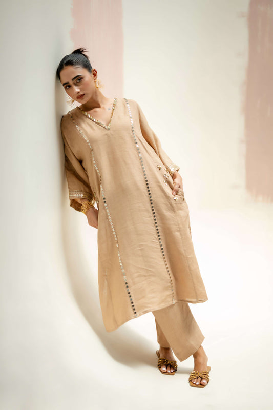 Aaram Choga Kurta with Pants - Beige | Prahnaaya