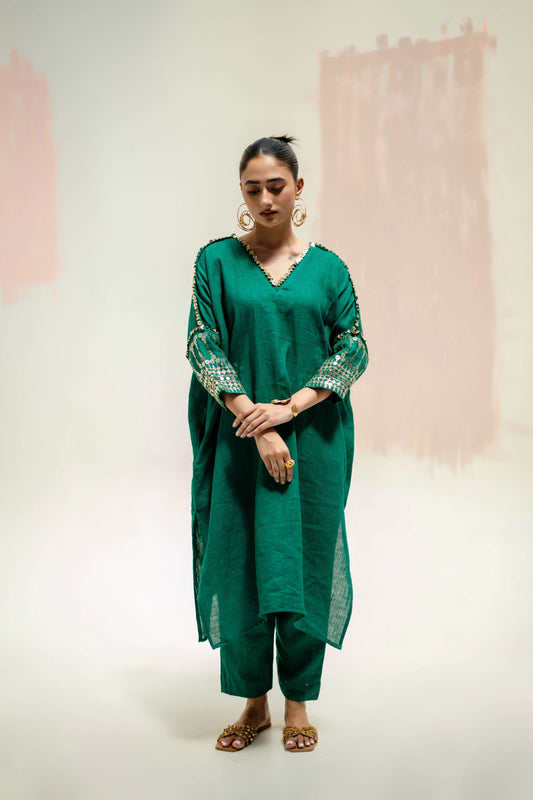 Chamakeen Antifit Linen Kurta with Pants - Green | Prahnaaya