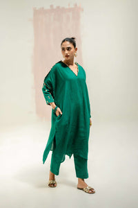 Star Antifit Linen Kurta with Pants - Green | Prahnaaya