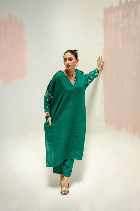 Star Antifit Linen Kurta with Pants - Green | Prahnaaya
