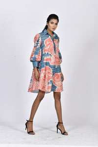 Coral & blue short tunic dress | Soham Earth
