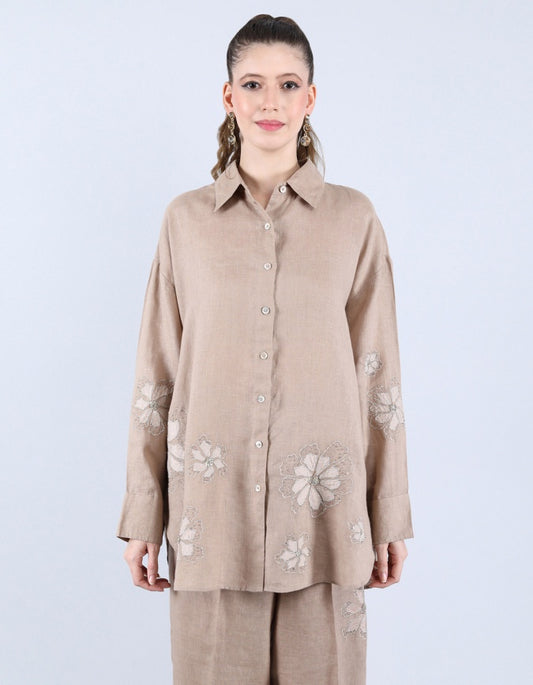 Linen Khakhi Patti and Sequin Work set | Linen Bloom