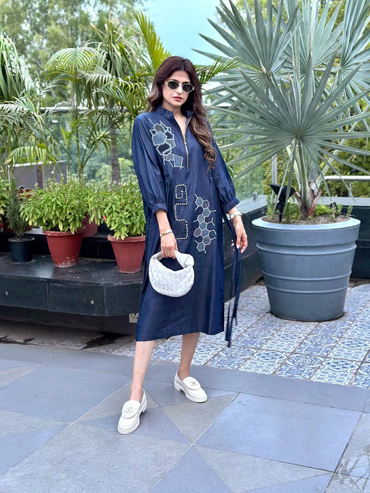 Midnight Geometry Embroidered Cotton Dress | Puja Agarwal