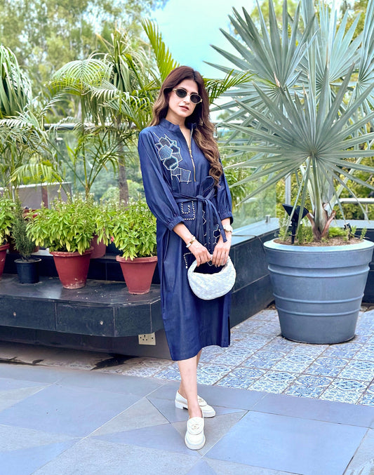 Midnight Geometry Embroidered Cotton Dress | Puja Agarwal