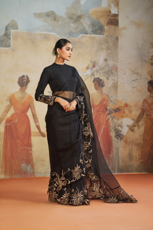 BLACK ORGANZA SAREE SET | Aashima Behl