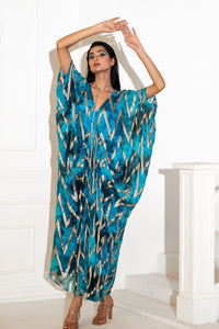 Blue Abstract Lurex Print Kaftaan | Akanksha Mago