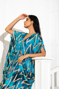 Blue Abstract Lurex Print Kaftaan | Akanksha Mago