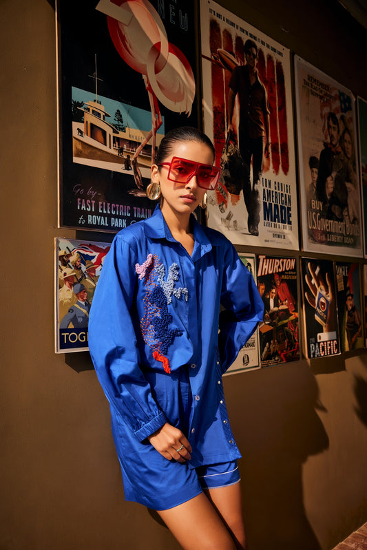 Electric Bloom Blue Shirt/Co-ord Set  | Puja Agarwal