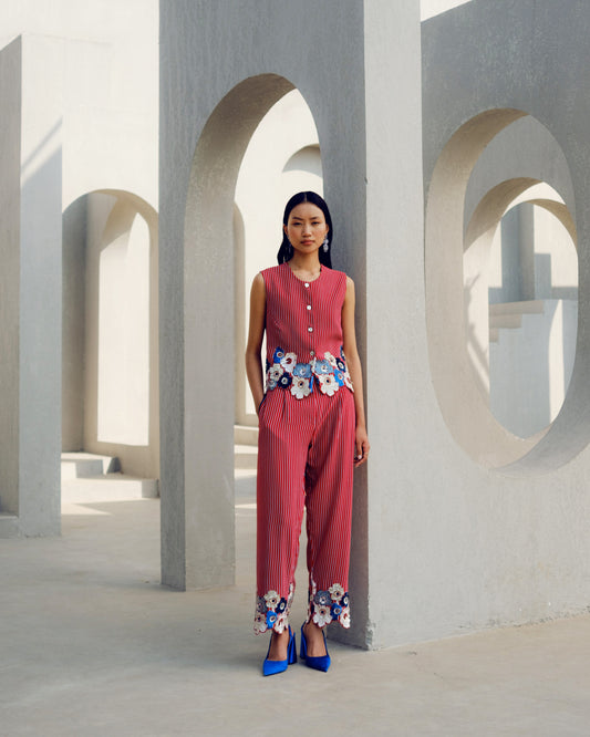 Red Margot waist coat co-ord | Pooja Rajgarhia Gupta