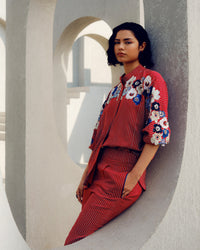 Red plain stripe pants | Pooja Rajgarhia Gupta
