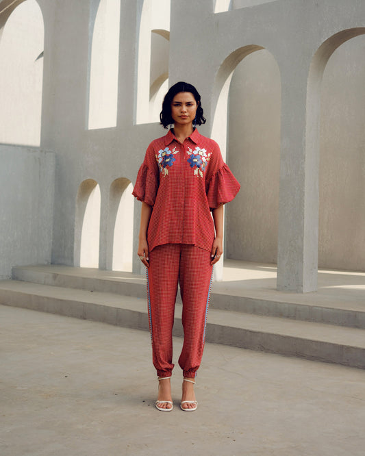 Red balloon sleeve co-ord | Pooja Rajgarhia Gupta