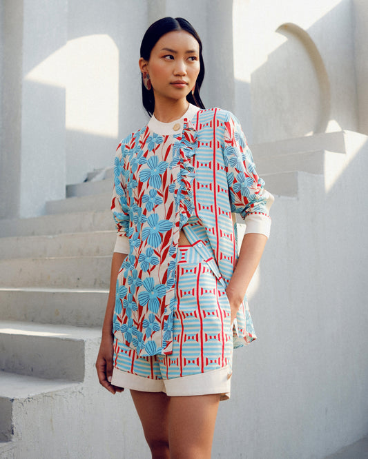 White print play frill shirt | Pooja Rajgarhia Gupta
