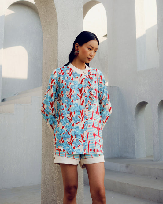 White print play frill shirt | Pooja Rajgarhia Gupta