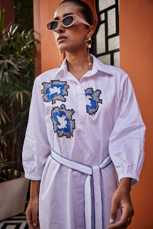 Azure Echo White Embroidered Dress | Puja Agarwal