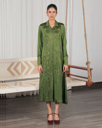 Rhea Olive Green Satin Dress | AMBR