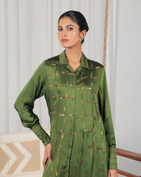 Rhea Olive Green Satin Dress | AMBR
