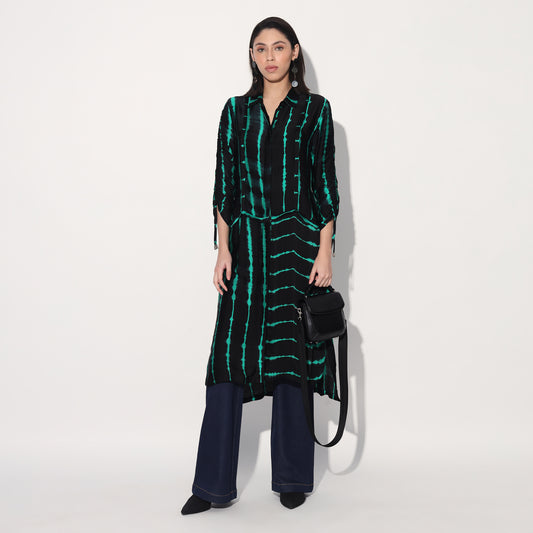 Zinnia shibori stripe shirtdress - Black Green | Linetribe