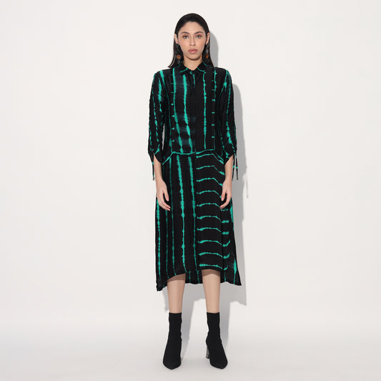 Zinnia shibori stripe shirtdress - Black Green | Linetribe